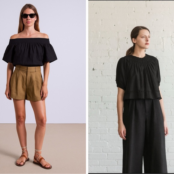 NEW! Apiece Apart Black Smocked Off-Shoulder 100% Cotton Cropped Top Size 4 - Picture 1 of 10